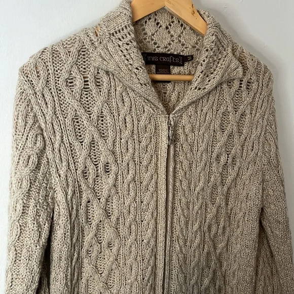 Inis Crafts Ireland 100% Merino Wool Cable Knit Zip Up Cardigan Sweater Sz M - Picture 2 of 10